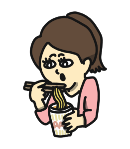 カップラーメンを食べる女性のイラスト
